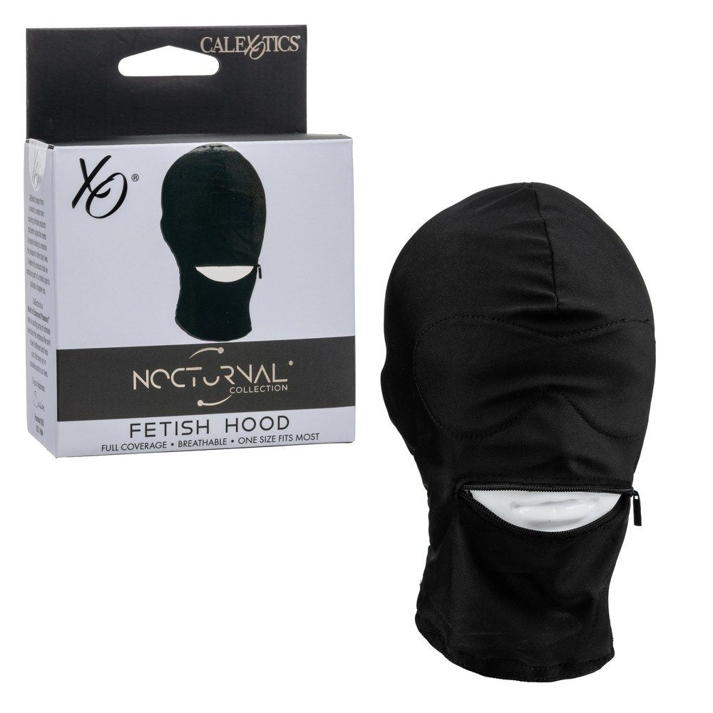 Black fetish hood with packaging displaying 'Galexotics' branding on a white background