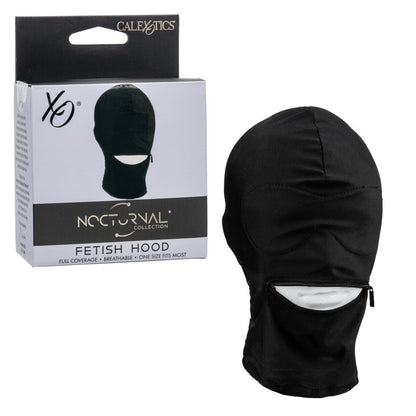 Black fetish hood with packaging displaying 'Galexotics' branding on a white background