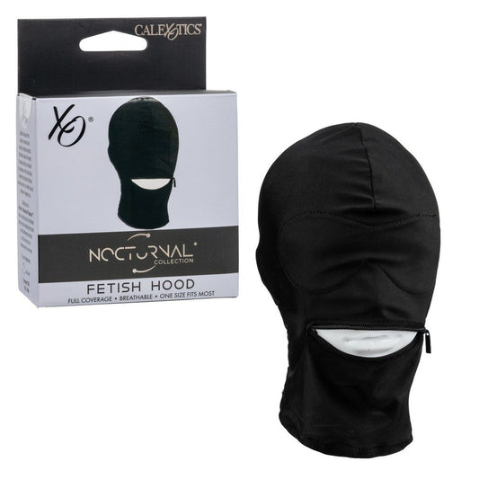 Black fetish hood with packaging displaying 'Galexotics' branding on a white background