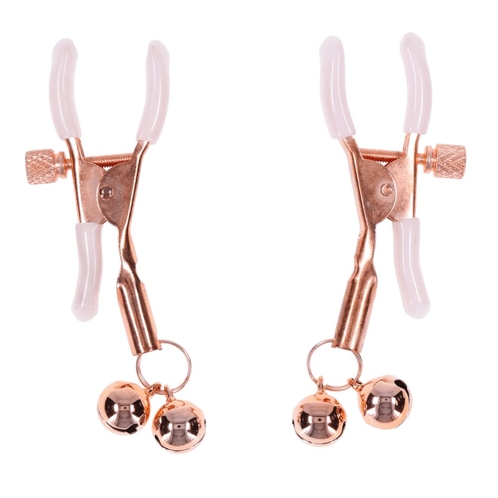 Sportsheets Peaches ’n CreaMe bell nipple clamps with rose gold hardware and adjustable screws