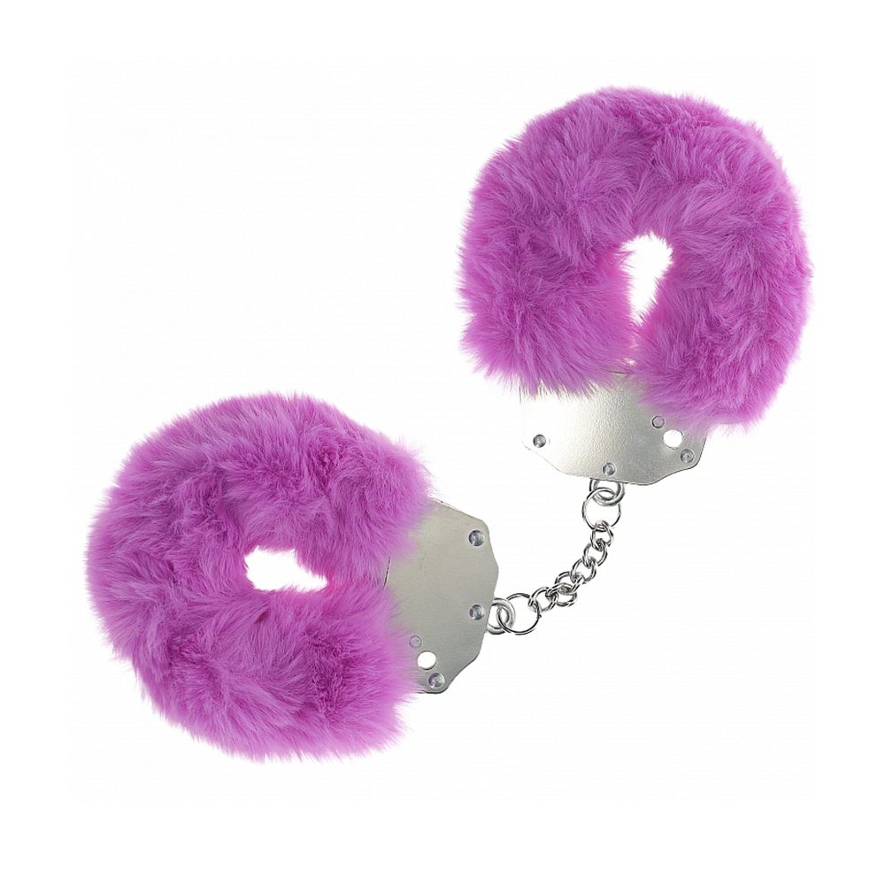 Purple fluffy handcuffs on a white background