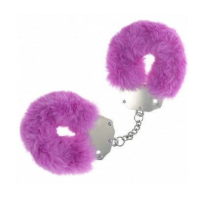Purple fluffy handcuffs on a white background