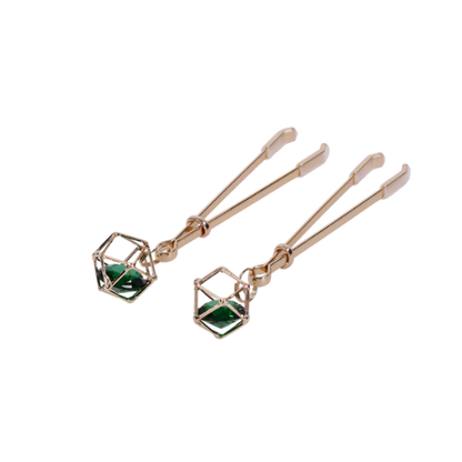 Sportsheets Indica Crystal Nipple Clips with green crystal and gold-tone hardware