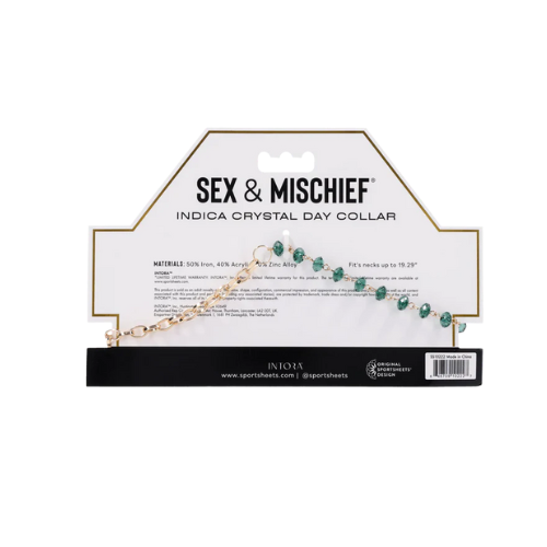 Sportsheets Indica crystal day collar with green gems, gold chain, and lock