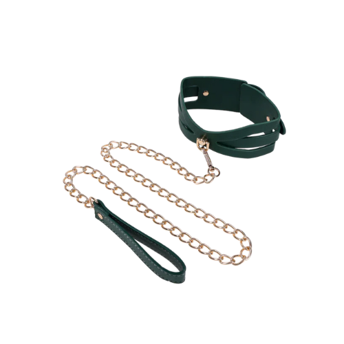 Sportsheets Indica Cutout Collar and Leash – emerald green adjustable collar with gold hardware