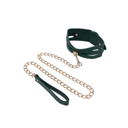 Sportsheets Indica Cutout Collar and Leash – emerald green adjustable collar with gold hardware