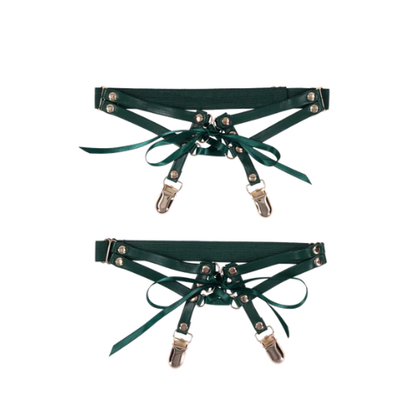 
Sportsheets Indica laced up garters in emerald faux leather with satin lacing