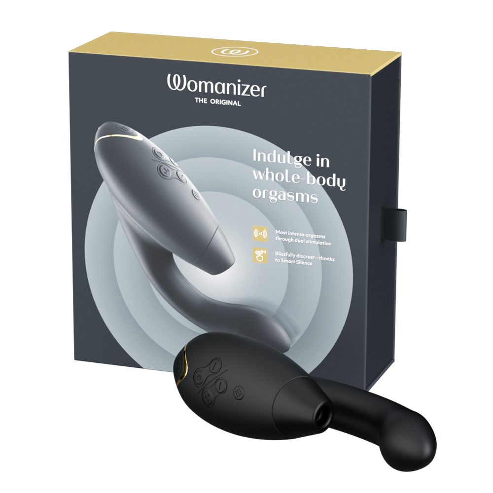 Womanizer DUO 2 dual-stim rabbit vibrator in deep rose—curved G-spot arm and Pleasure Air clitoral stimulator with two interchangeable heads.
