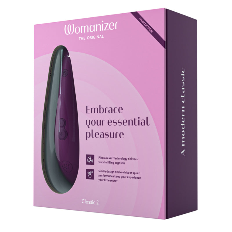 Purple packaging of a womanizer with text on a white background