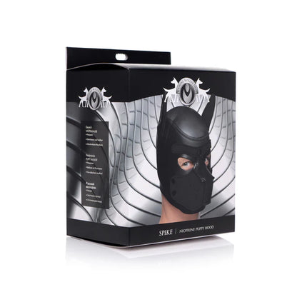 Spike Neoprene Puppy Hood with adjustable muzzle and bendable ears, designed for puppy play and BDSM roleplay