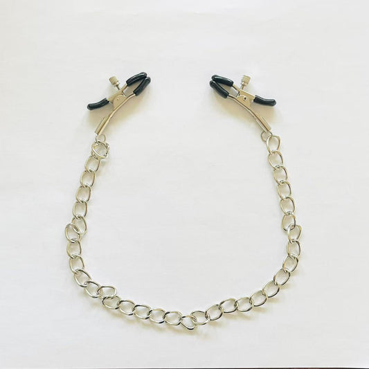 Adjustable stainless steel nipple clamps with bold loop chain and rubber tips 