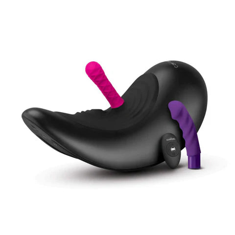 Cowgirl Saddle Machine riding-style device with interchangeable attachments and wireless remote