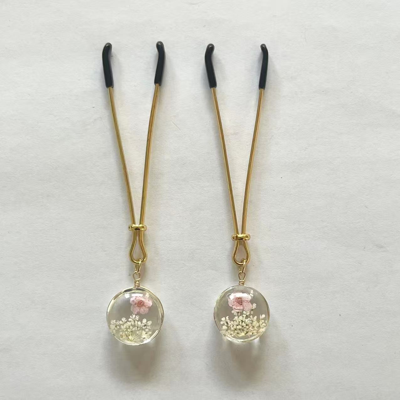 Pressed Flower Globe Nipple Clamps – Botanical Elegance in Glass - Pink