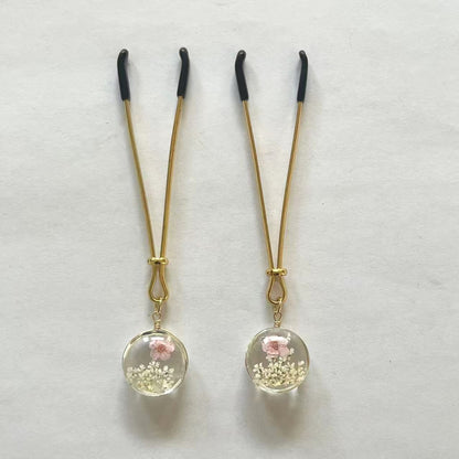Pressed Flower Globe Nipple Clamps – Botanical Elegance in Glass - Pink