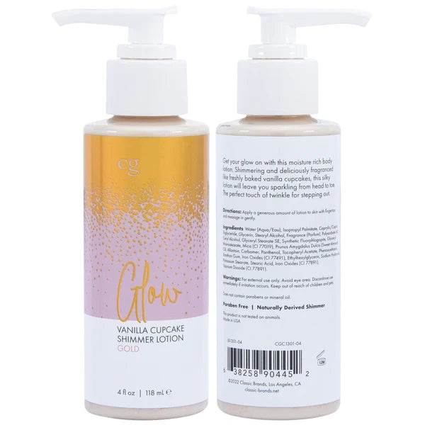 Vanilla Cupcake Shimmer Lotion Gold bottle with pump on a white background