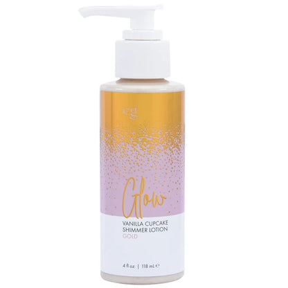 Vanilla cupcake shimmer lotion bottle with gold and purple design on a white background