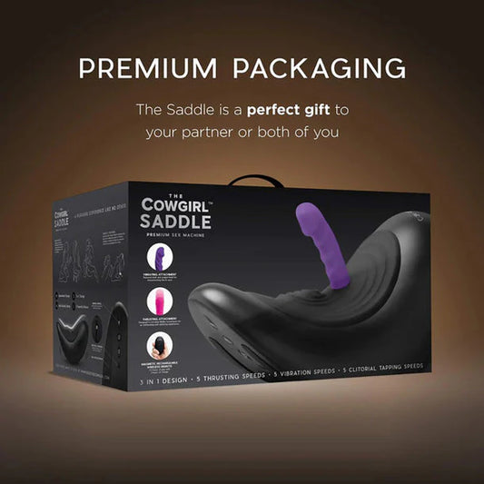 Cowgirl Saddle Machine riding-style device with interchangeable attachments and wireless remote