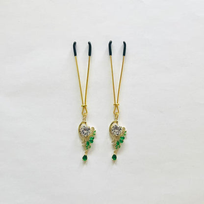 Peacock design gold nipple clamps with green gemstone feathers and emerald teardrop – PurpleNight.ca