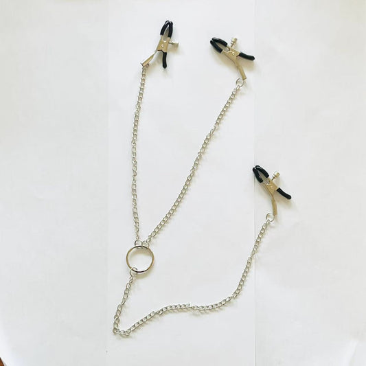 Three-Way Chain BDSM Clamp Set with Nipple and Clit Clamps – Adjustable Rubber Tips and O-Ring Center