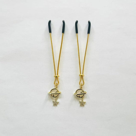 Gold nipple clamps with orbit planet and dangling star charm – PurpleNight.ca