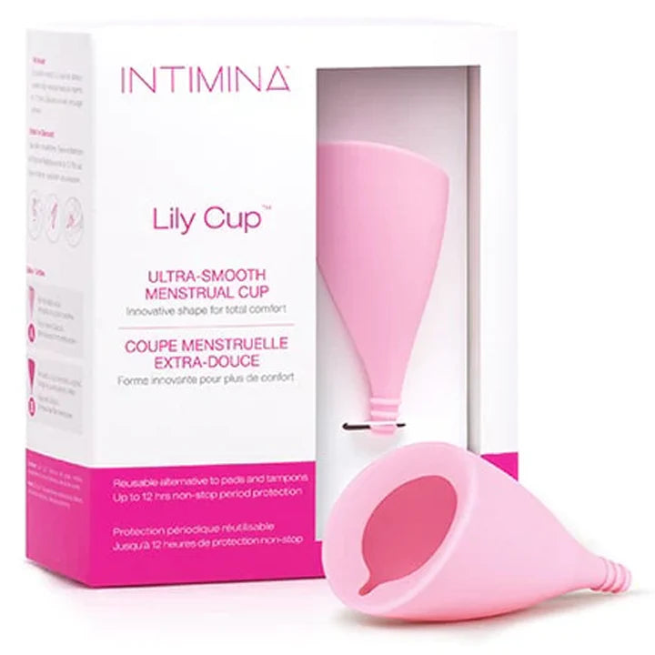INTIMINA Lily Cup menstrual cup in pink with angled shape and smooth design