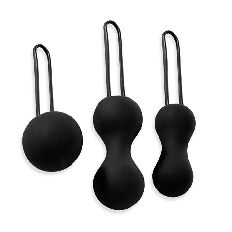 Three black silicone butt plugs with hooks on a white background