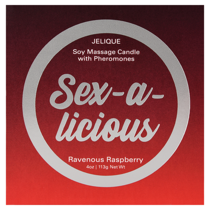Jelique Sex-A-Licious Ravenous Raspberry Massage Candle with soy wax and pheromones in red tin