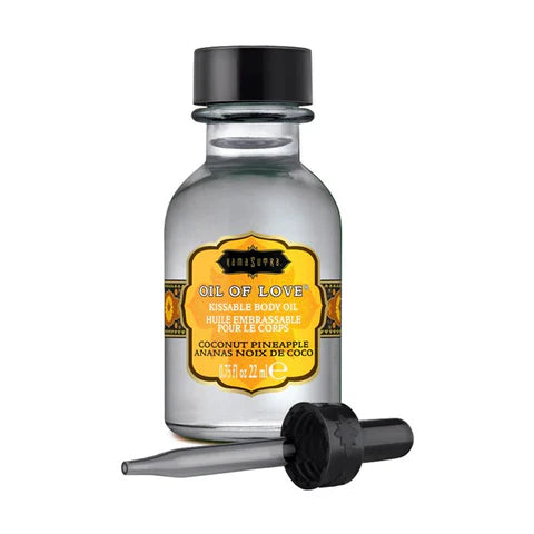 Kama Sutra Oil of Love Coconut Pineapple bottle – warming kissable foreplay oil with dropper