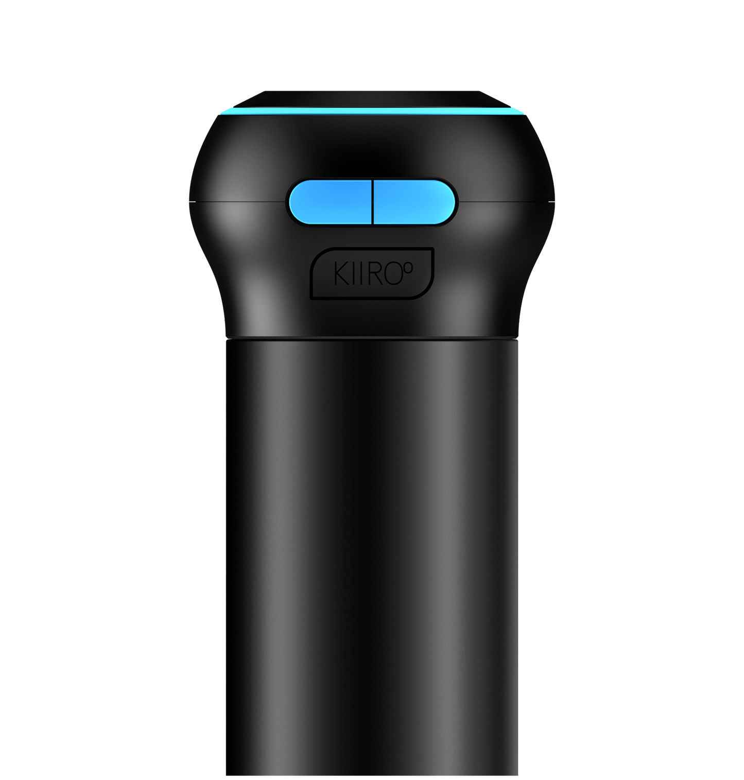 A black Kiiroo Control device with a blue accent on the top button. The device appears to be sleek and modern, with a small display and buttons for navigation.