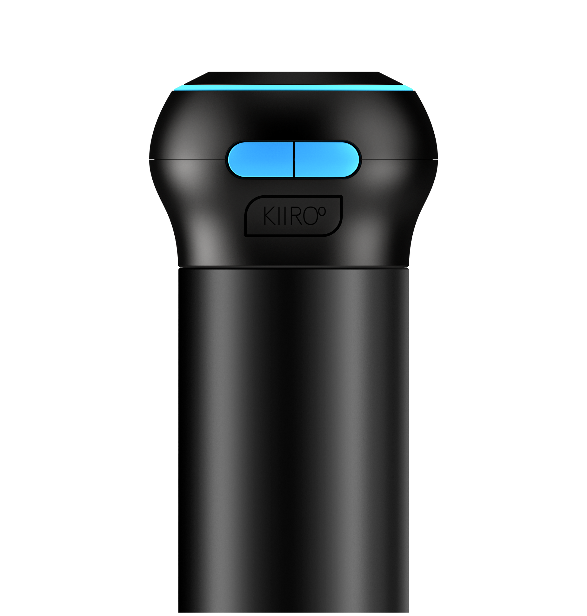 A black Kiiroo Control device with a blue accent on the top button. The device appears to be sleek and modern, with a small display and buttons for navigation.