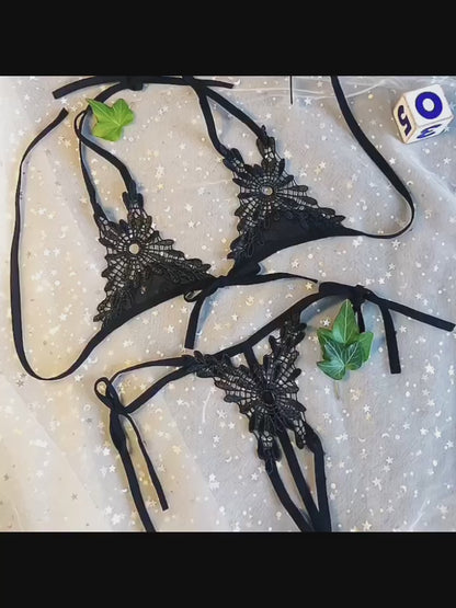Black Floral Lace Tie-Up Open Lingerie Set