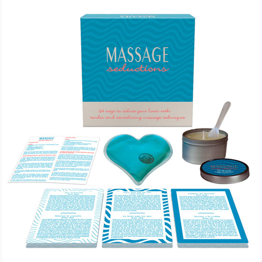 Kheper Games Massage Seductions kit with massage candle, cards, heart-shaped heat pack, and spoon applicator – designed for romantic couples