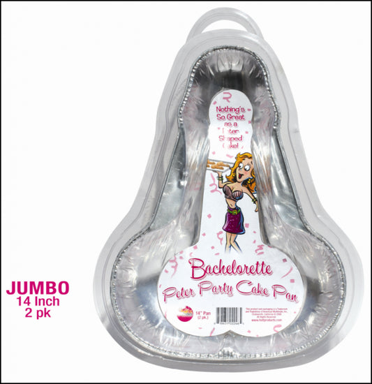 This image displays a product called the "Hott Products Peter Party Cake Pan Large 2 Pack." It features two large, 14-inch penis-shaped jumbo party cake pans packaged together.