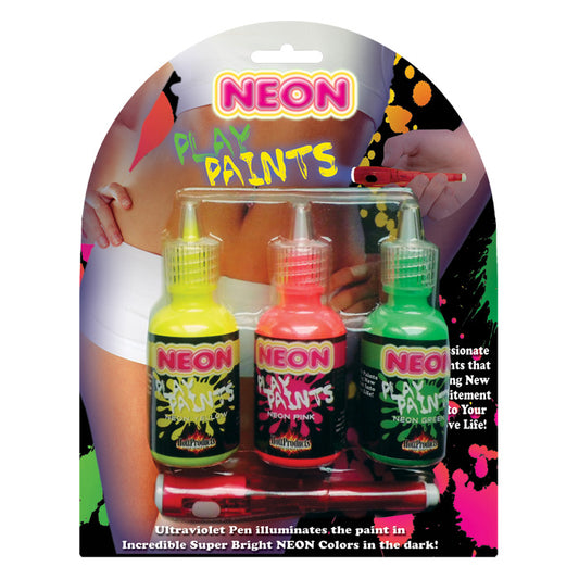 Hott Products Neon Body Play Paints 3 Pack with UV pen glowing in bright neon colors under black light