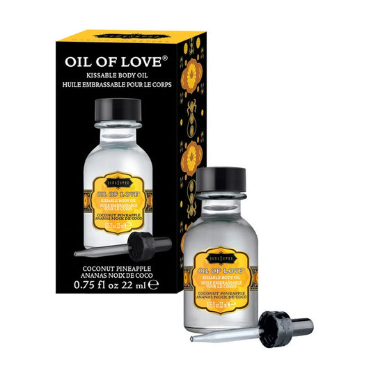 Kama Sutra Oil of Love Coconut Pineapple bottle – warming kissable foreplay oil with dropper