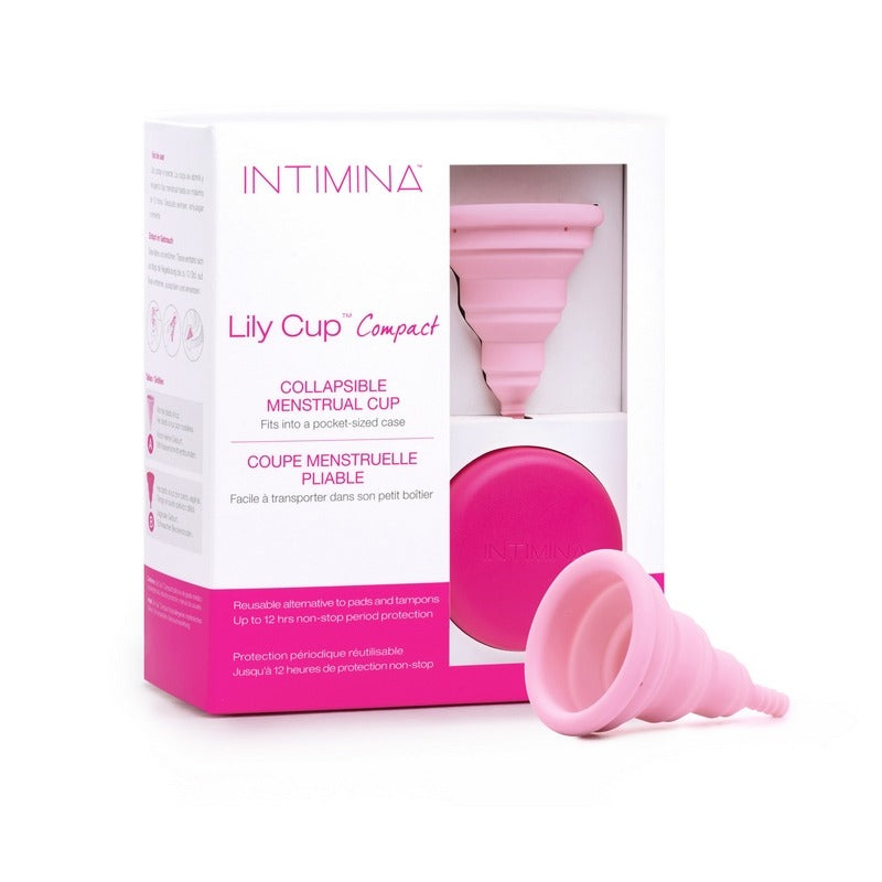 INTIMINA Lily Cup Compact collapsible menstrual cup with pink case, shown folded and open