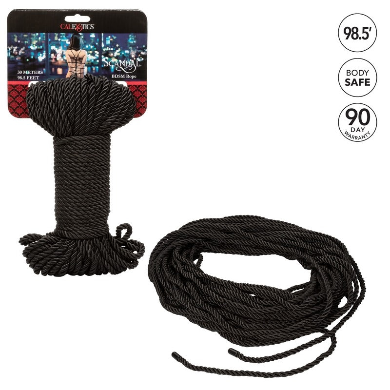 Black rope with packaging and product details on a white background