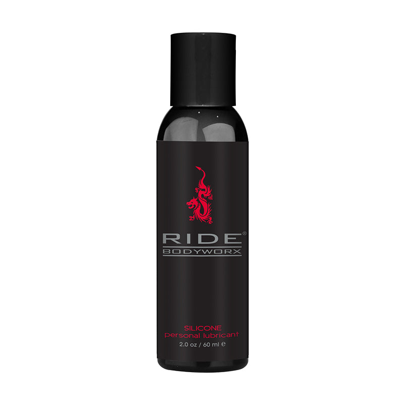 A black bottle of Sliquid Ride Bodyworx Silicone Lube with a red logo and text, indicating a capacity of 2 oz (59 ml).