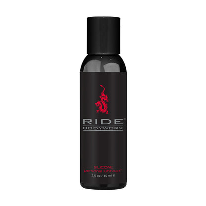 A black bottle of Sliquid Ride Bodyworx Silicone Lube with a red logo and text, indicating a capacity of 2 oz (59 ml).