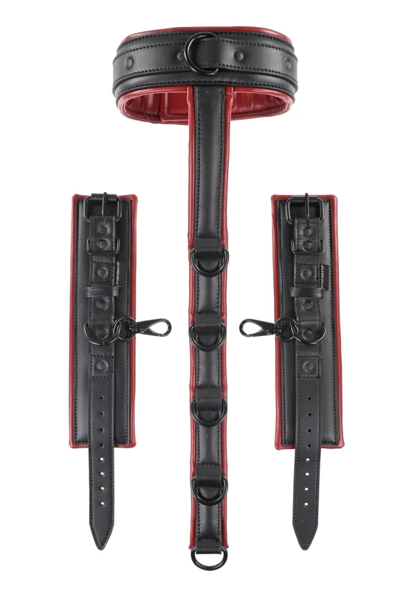 Sportsheets Saffron Neck and Wrist Restraint in black and red faux leather with wrist cuffs

