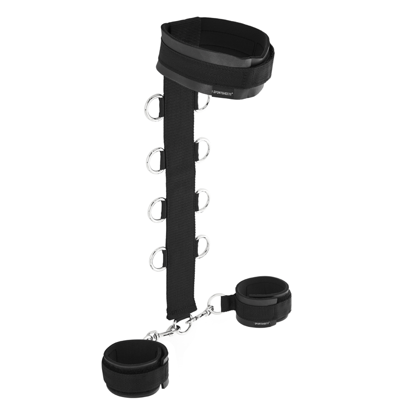Sportsheets Neck and Wrist Restraint – soft neoprene bondage collar and cuffs with D-rings and nylon strap for full-body restraint play