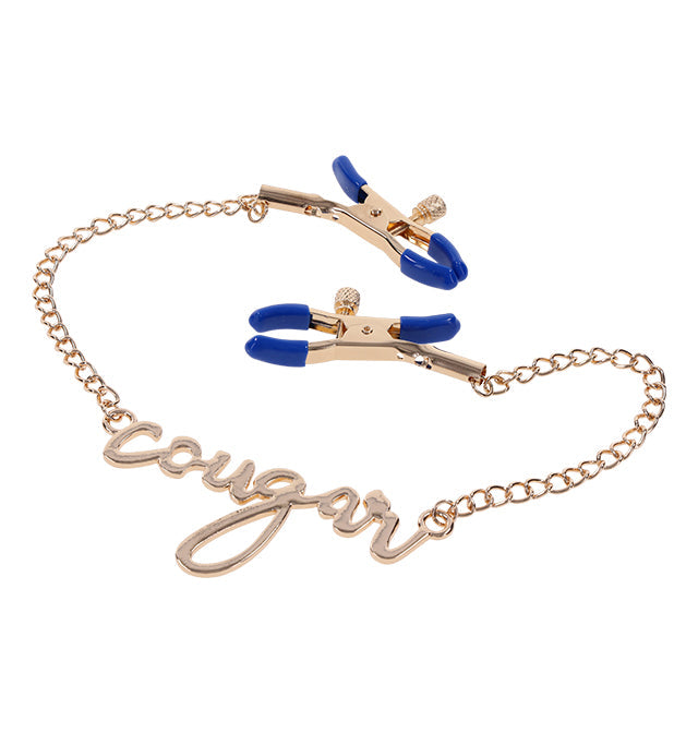 Luxurious blue and gold Cougar nipple clamps with adjustable tension and cursive chain detail
