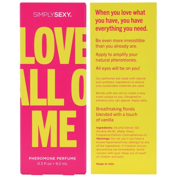 Simply Sexy Love All Of Me Pheromone Perfume –  travel-size bottle with floral-vanilla scent, designed to enhance your natural chemistry
