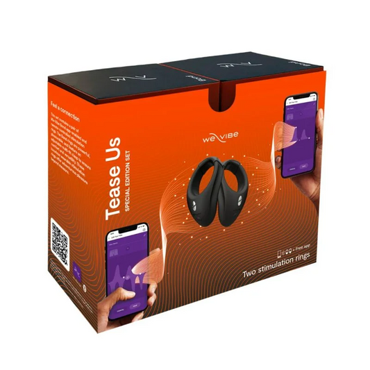 We-Vibe Tease Us Bond + Bond set – two wearable vibrating rings with remote, app control, and adjustable fit in black silicone.