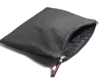 Black zippered pouch on a white background
